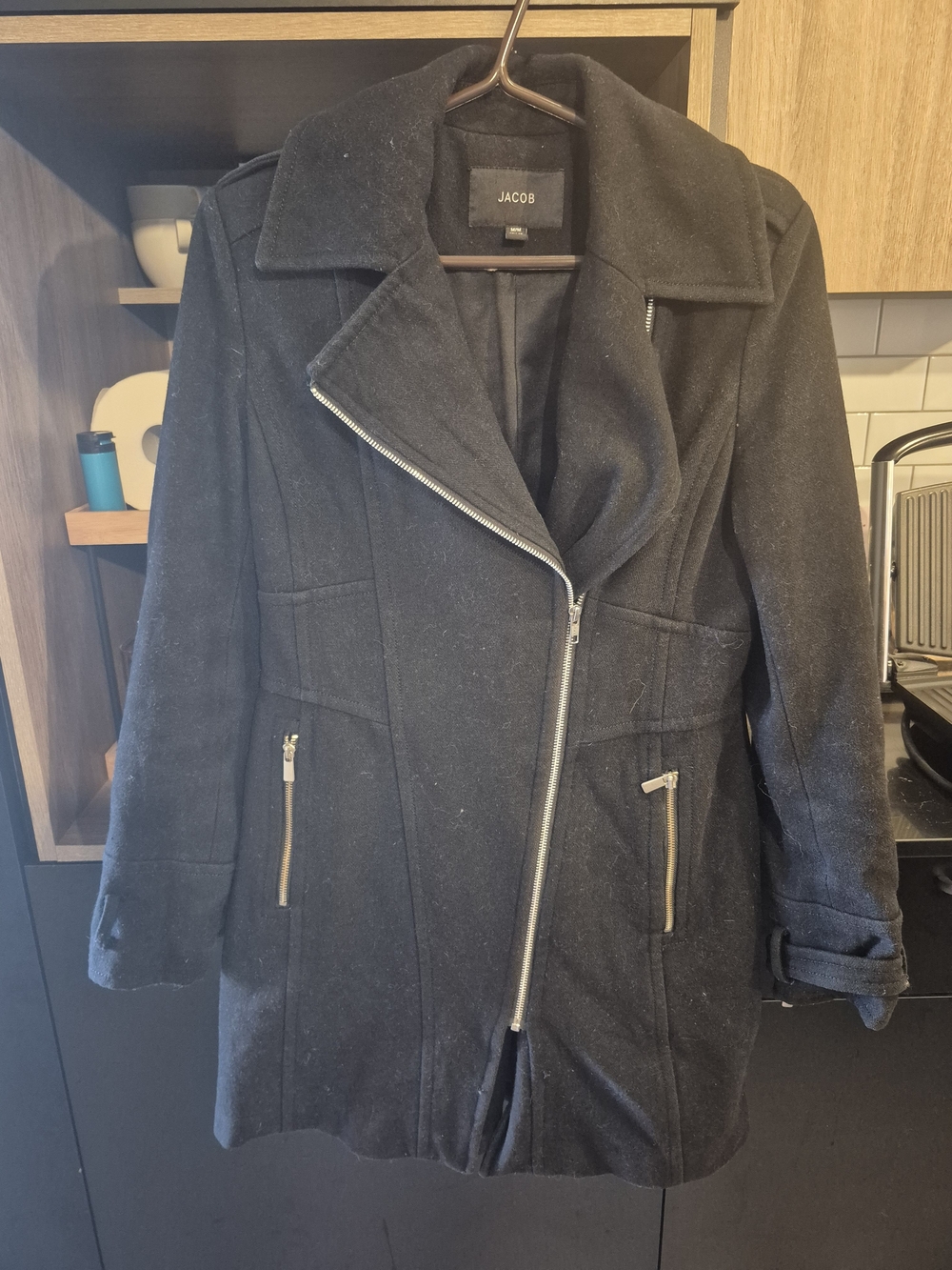 Jacob Black Asymmetrical Zip Wool-Blend Trench Coat